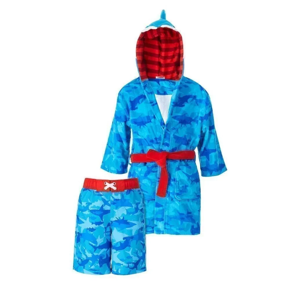 NEW! SAINT EVE Youth Boys Shark Beach CoverUp Robe & UPF50 Swim Trunk 2Piece Set - Picture 2 of 15